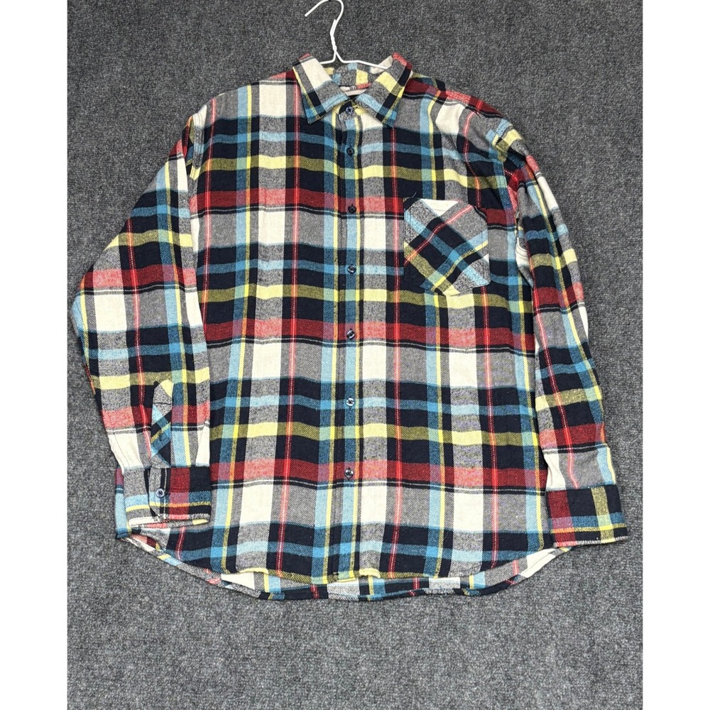 Tailor Vintage Flannel Shirt Mens 2XL Plaid Blue Red Yellow Button Front